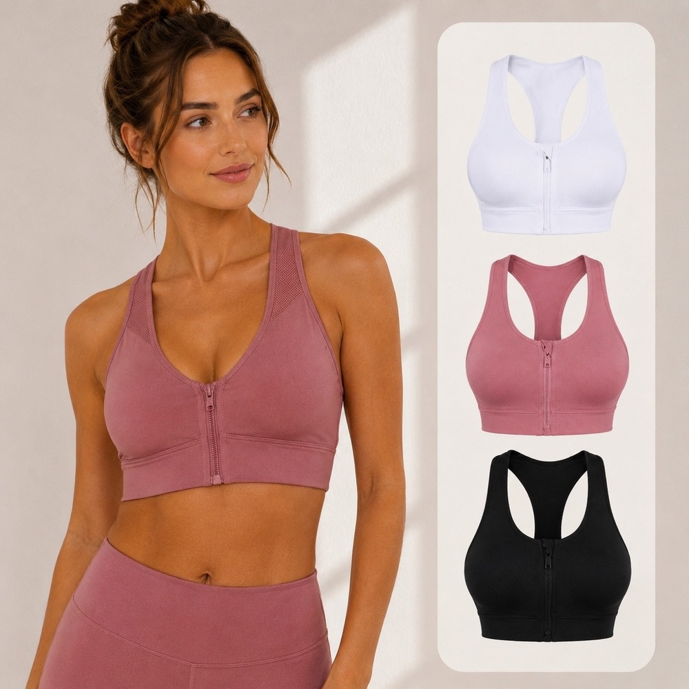 Black, Pink & White Sports Bra Set Large Front Zip Racerback Activewear